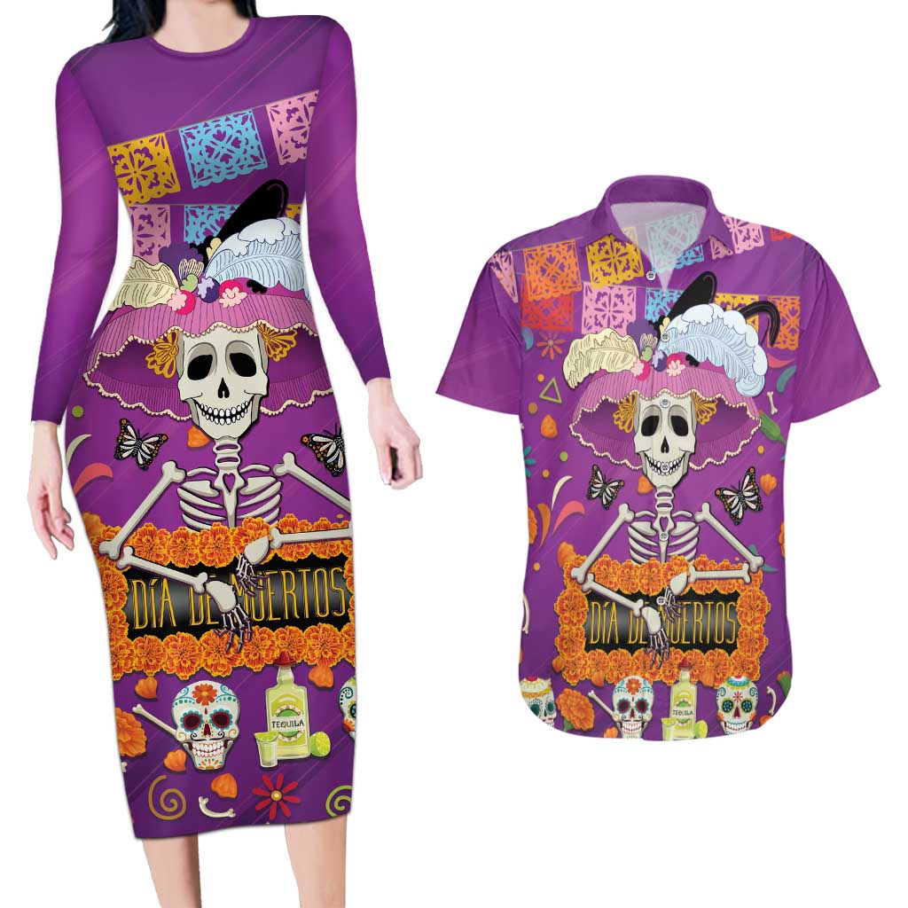 Dia De Muertos Mexico Couples Matching Long Sleeve Bodycon Dress and Hawaiian Shirt La Calavera Catrina - Wonder Print Shop