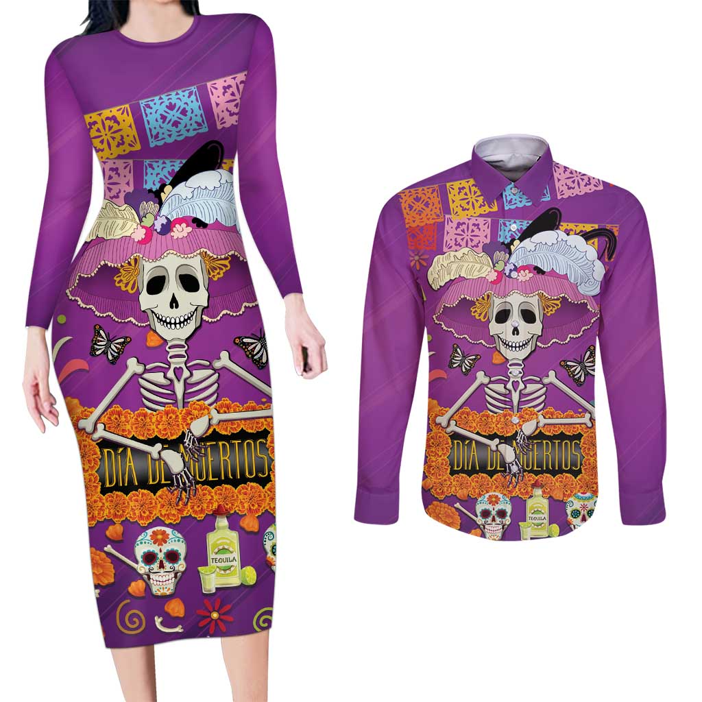 Dia De Muertos Mexico Couples Matching Long Sleeve Bodycon Dress and Long Sleeve Button Shirt La Calavera Catrina - Wonder Print Shop