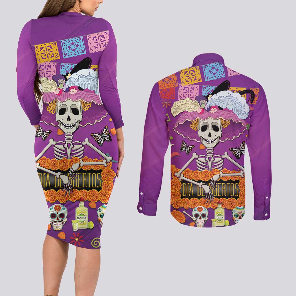 Dia De Muertos Mexico Couples Matching Long Sleeve Bodycon Dress and Long Sleeve Button Shirt La Calavera Catrina - Wonder Print Shop