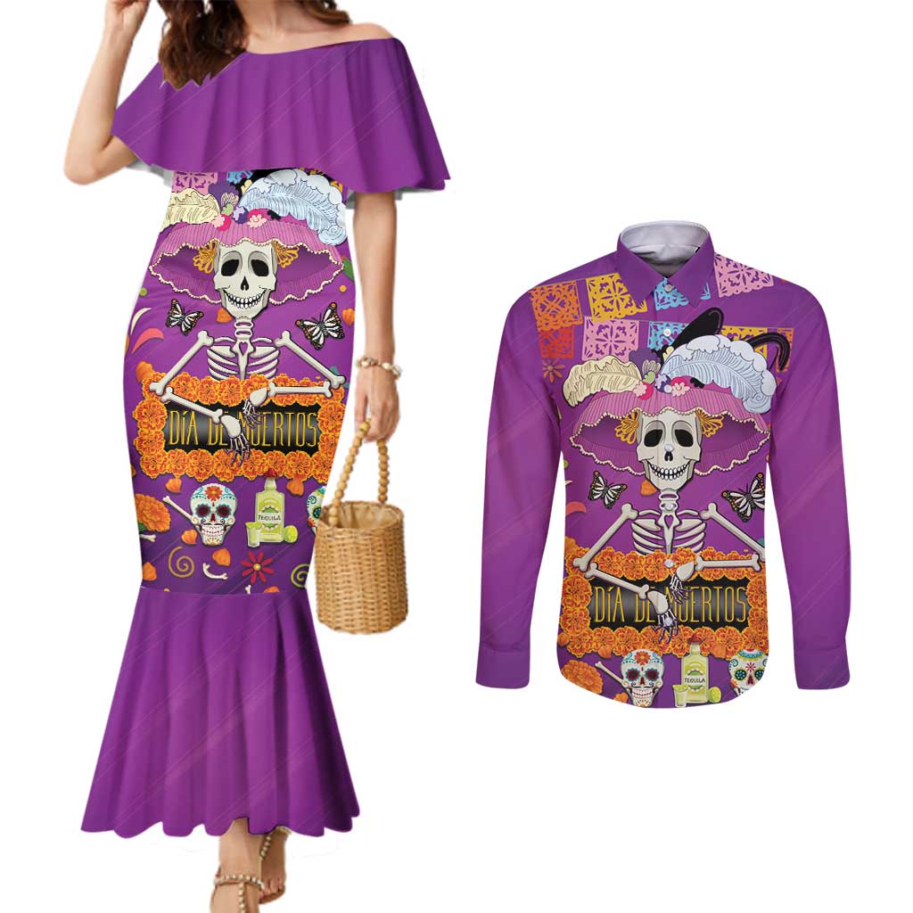 Dia De Muertos Mexico Couples Matching Mermaid Dress and Long Sleeve Button Shirt La Calavera Catrina - Wonder Print Shop