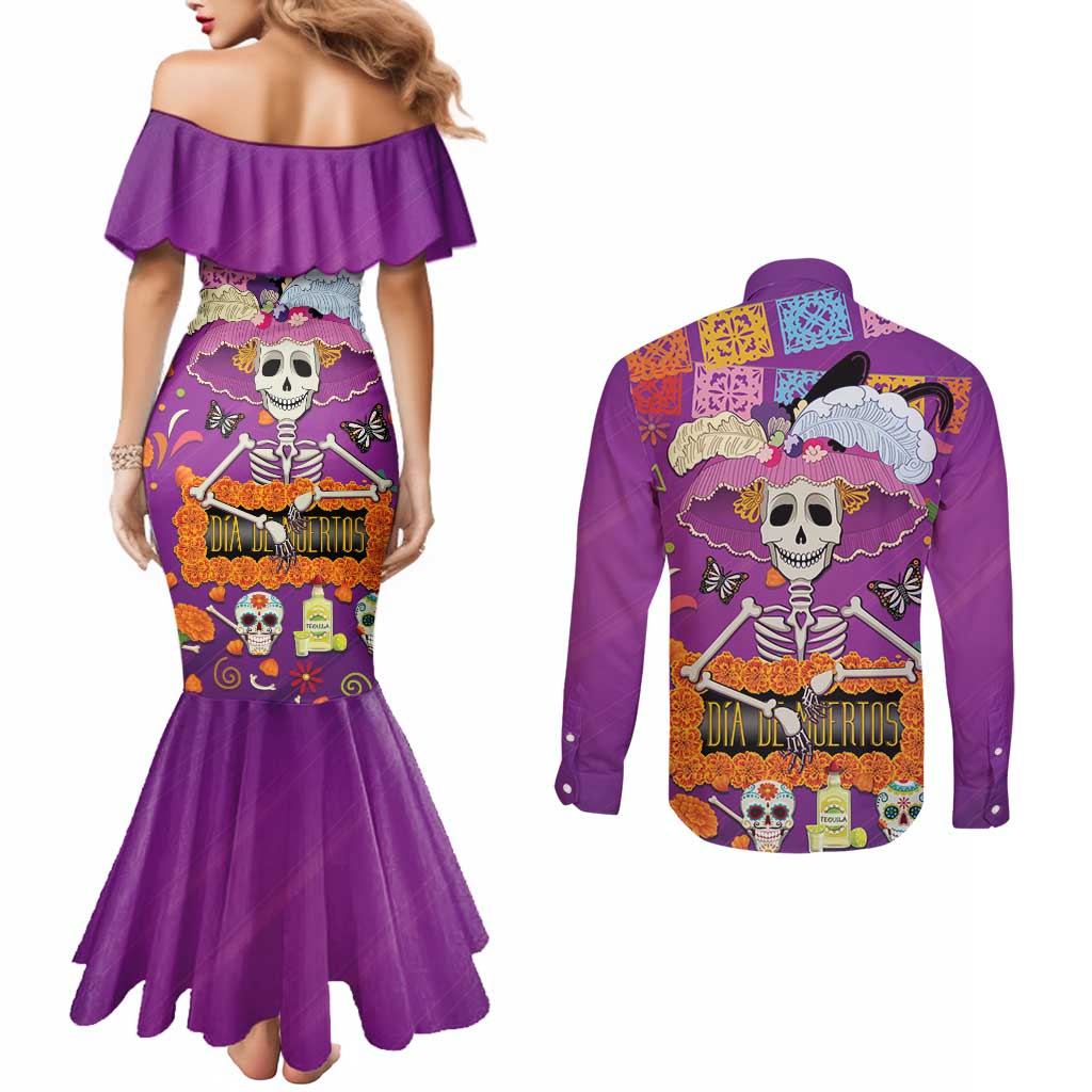 Dia De Muertos Mexico Couples Matching Mermaid Dress and Long Sleeve Button Shirt La Calavera Catrina - Wonder Print Shop