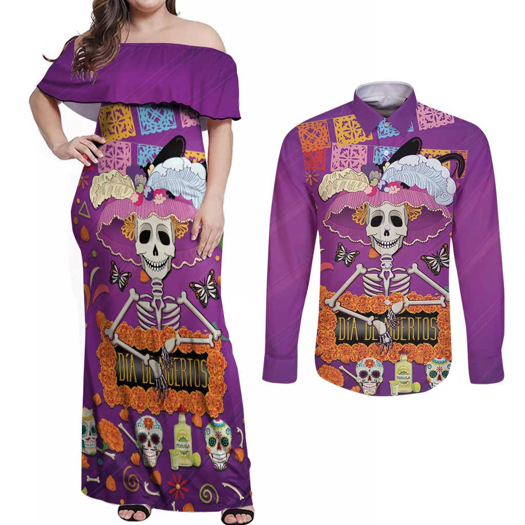 Dia De Muertos Mexico Couples Matching Off Shoulder Maxi Dress and Long Sleeve Button Shirt La Calavera Catrina - Wonder Print Shop