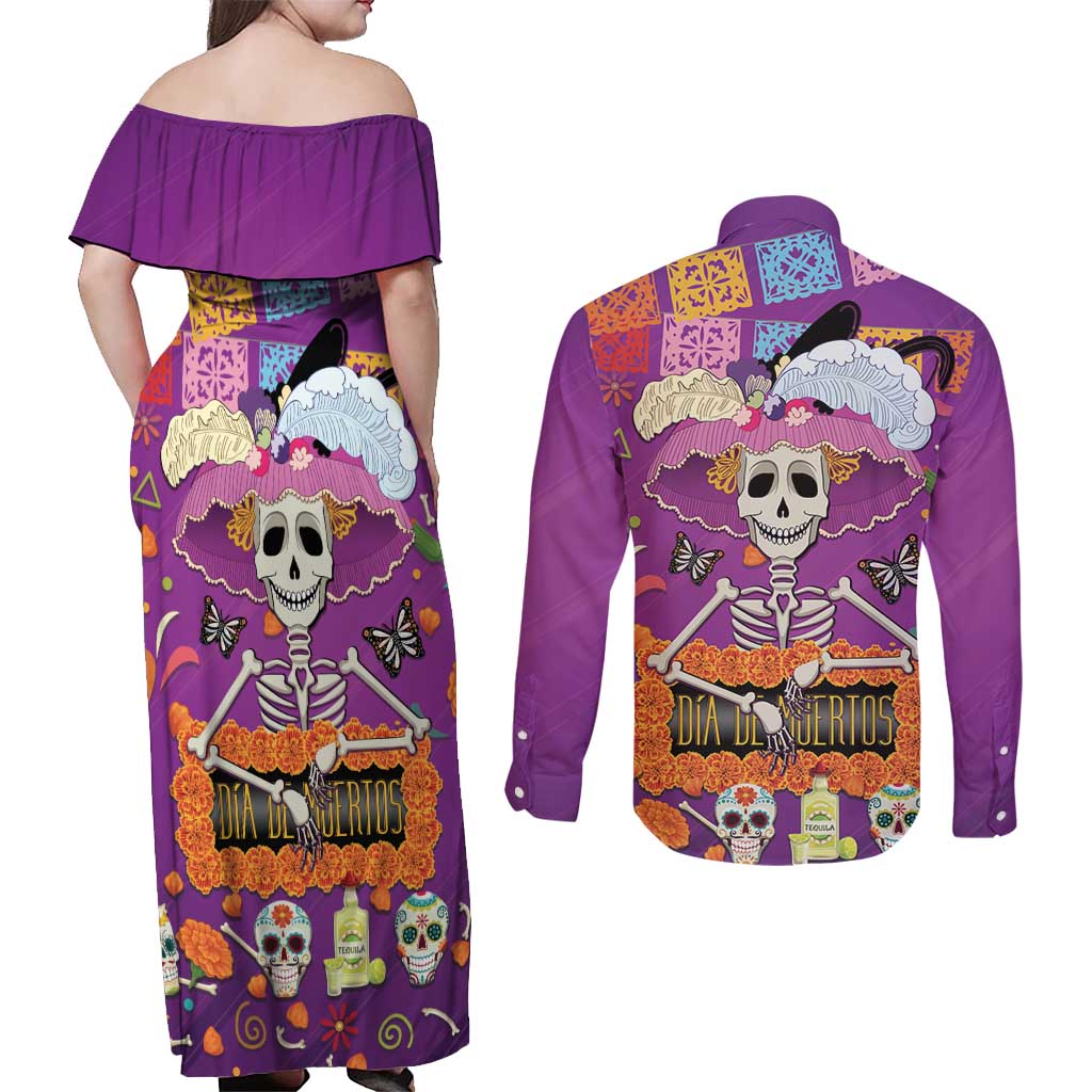 Dia De Muertos Mexico Couples Matching Off Shoulder Maxi Dress and Long Sleeve Button Shirt La Calavera Catrina - Wonder Print Shop