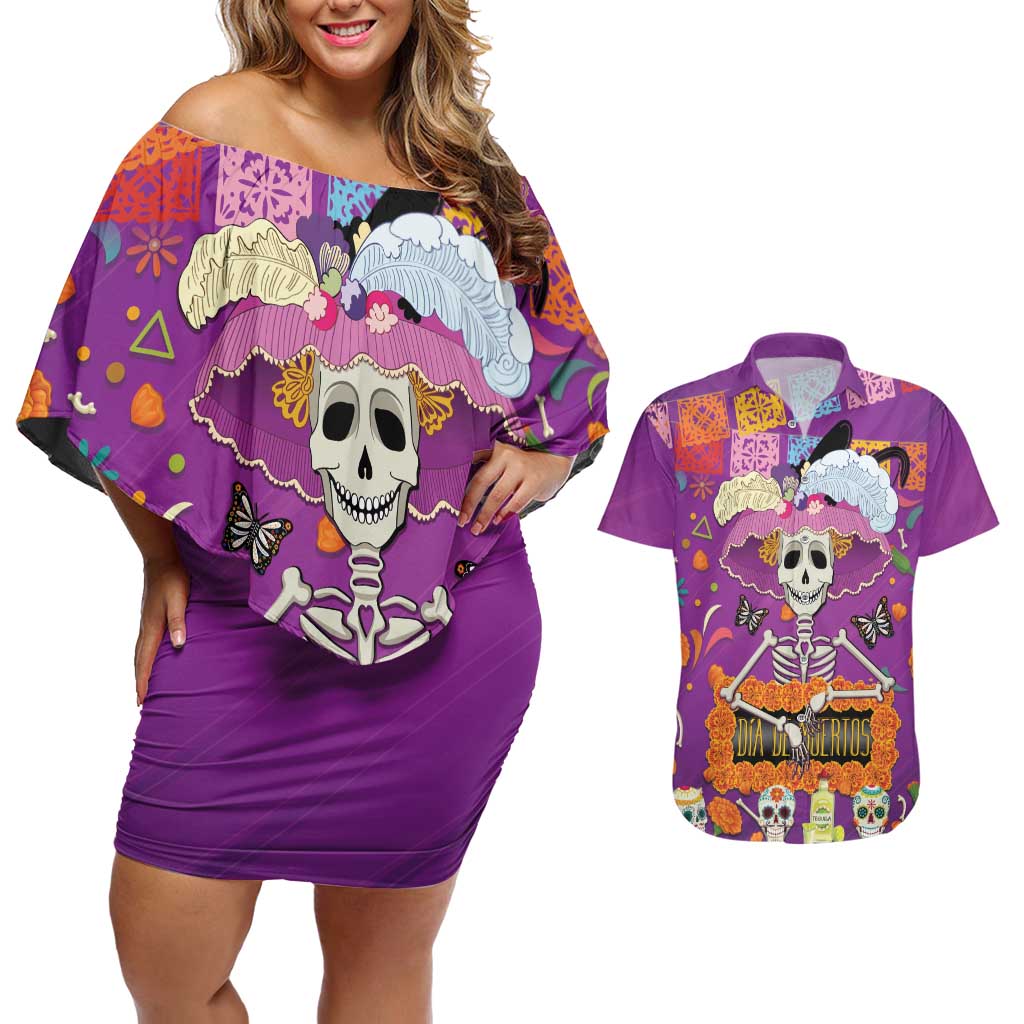 Dia De Muertos Mexico Couples Matching Off Shoulder Short Dress and Hawaiian Shirt La Calavera Catrina - Wonder Print Shop