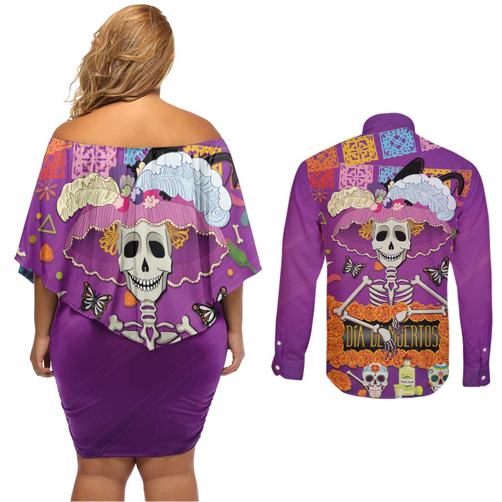Dia De Muertos Mexico Couples Matching Off Shoulder Short Dress and Long Sleeve Button Shirt La Calavera Catrina - Wonder Print Shop