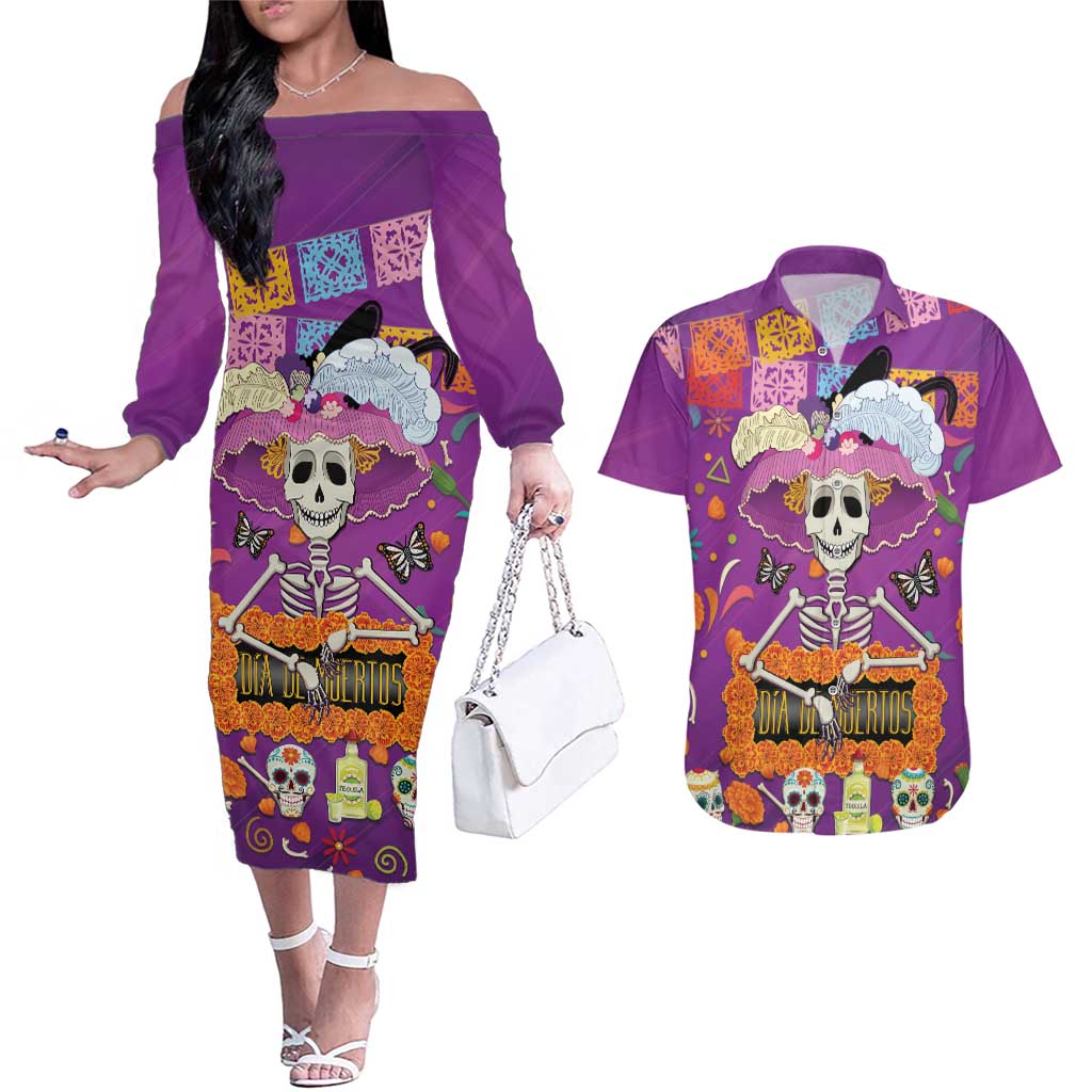 Dia De Muertos Mexico Couples Matching Off The Shoulder Long Sleeve Dress and Hawaiian Shirt La Calavera Catrina - Wonder Print Shop