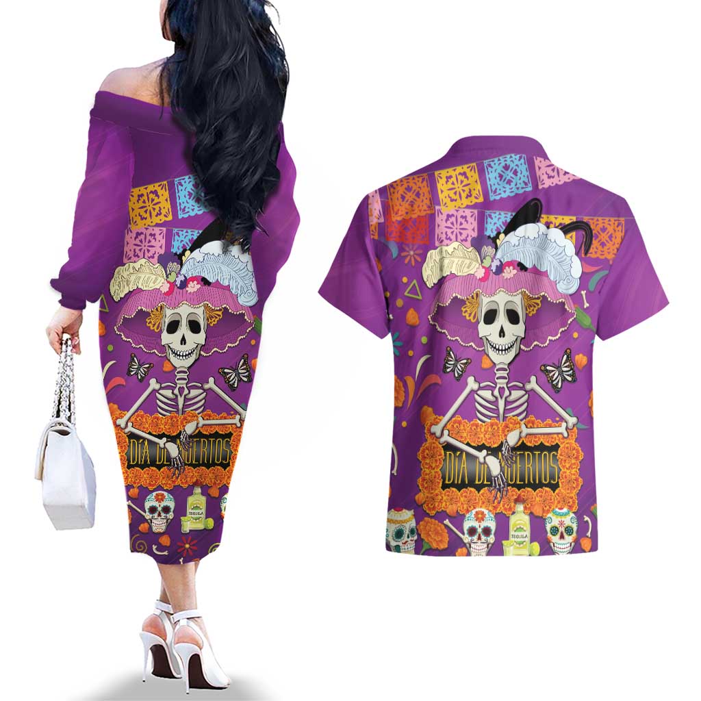Dia De Muertos Mexico Couples Matching Off The Shoulder Long Sleeve Dress and Hawaiian Shirt La Calavera Catrina - Wonder Print Shop