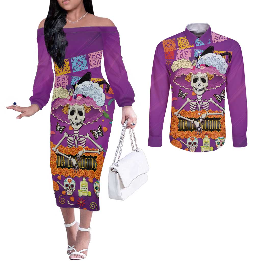 Dia De Muertos Mexico Couples Matching Off The Shoulder Long Sleeve Dress and Long Sleeve Button Shirt La Calavera Catrina - Wonder Print Shop