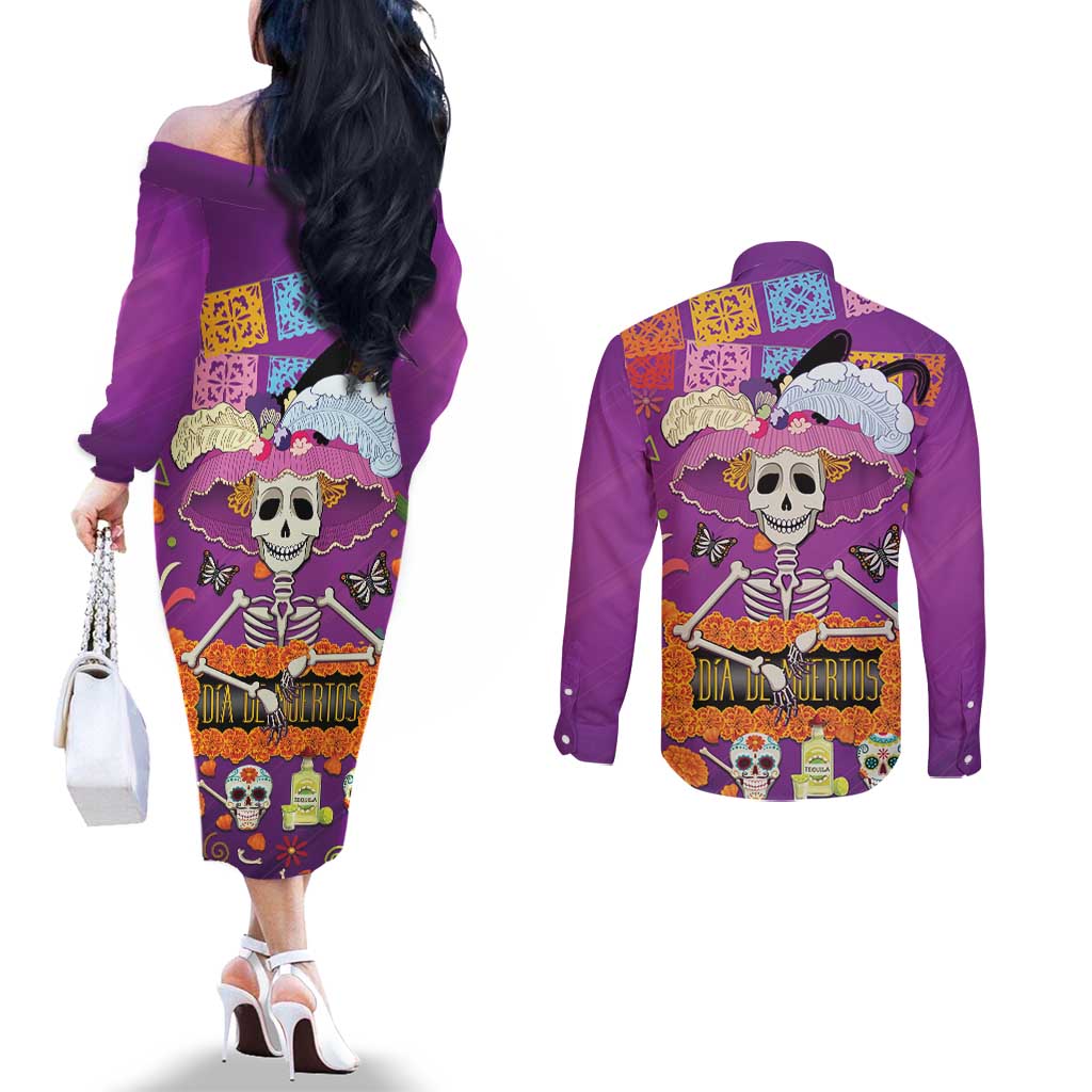 Dia De Muertos Mexico Couples Matching Off The Shoulder Long Sleeve Dress and Long Sleeve Button Shirt La Calavera Catrina - Wonder Print Shop