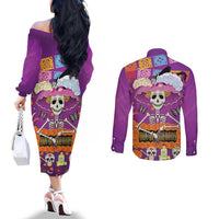 Dia De Muertos Mexico Couples Matching Off The Shoulder Long Sleeve Dress and Long Sleeve Button Shirt La Calavera Catrina - Wonder Print Shop