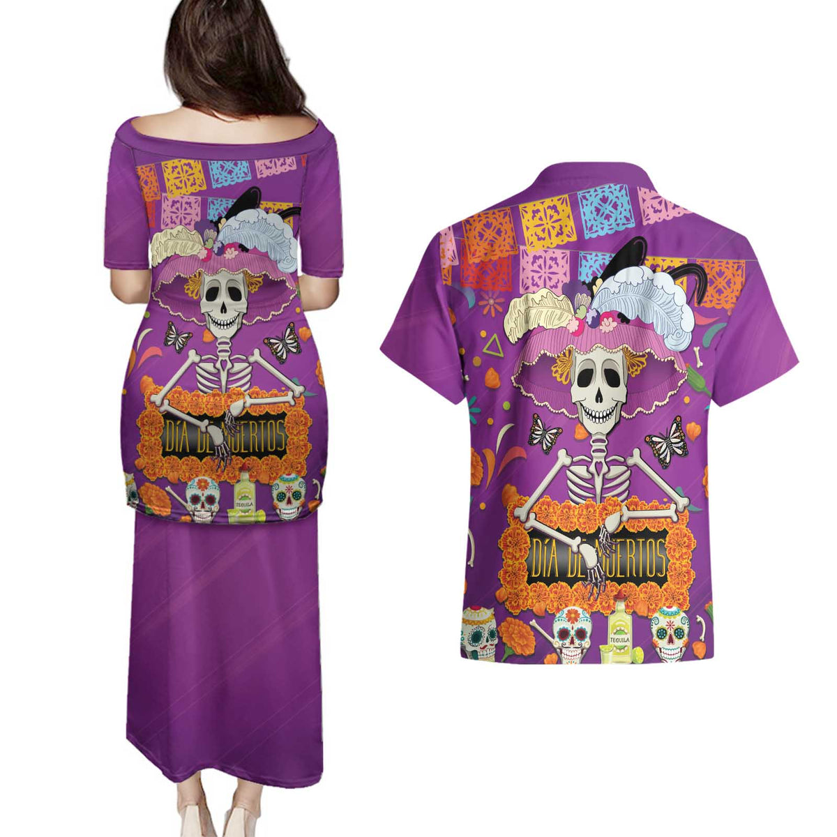Dia De Muertos Mexico Couples Matching Puletasi and Hawaiian Shirt La Calavera Catrina - Wonder Print Shop