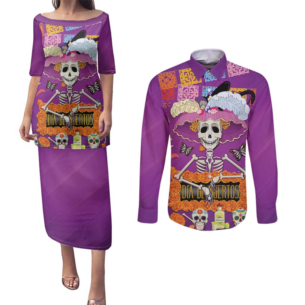 Dia De Muertos Mexico Couples Matching Puletasi and Long Sleeve Button Shirt La Calavera Catrina - Wonder Print Shop