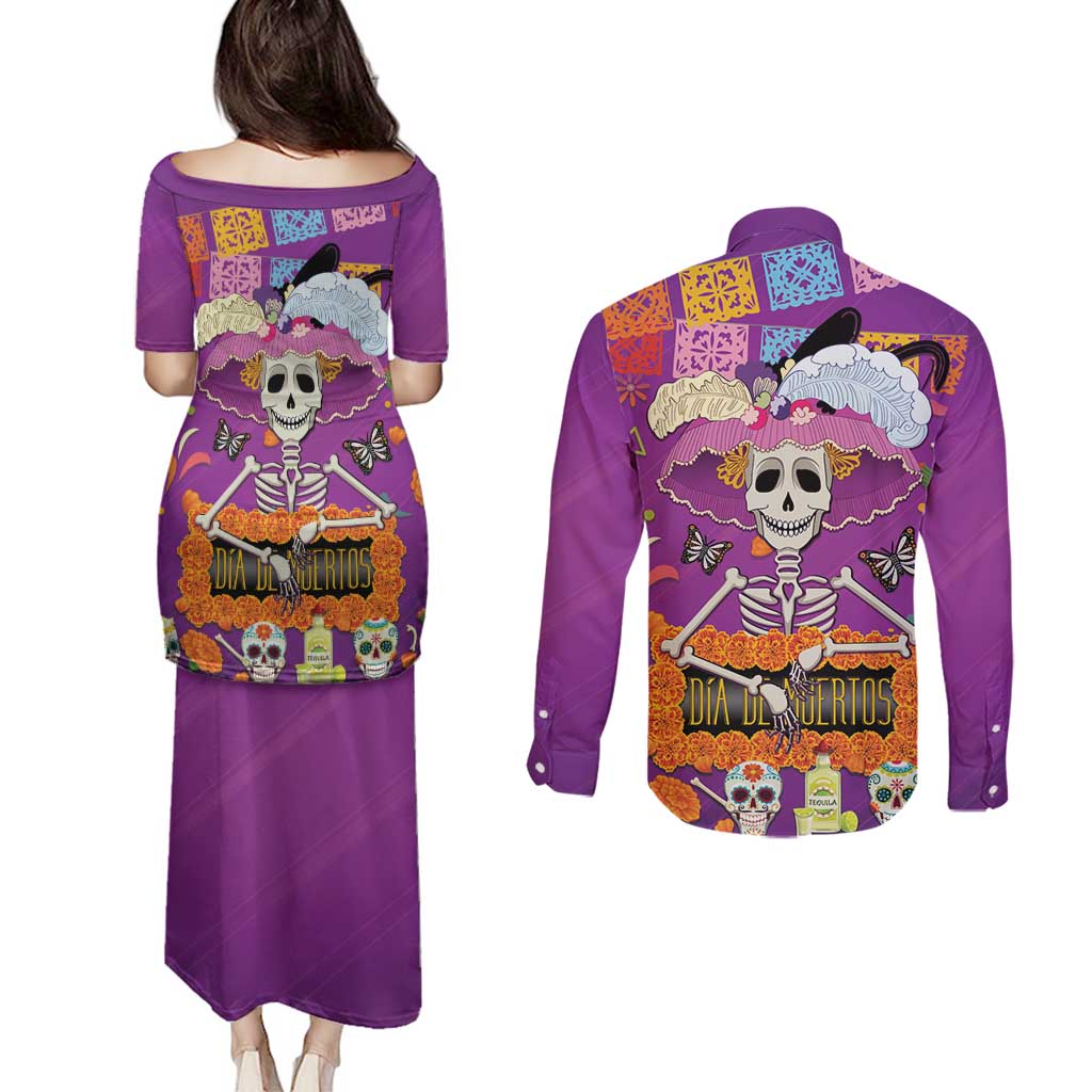 Dia De Muertos Mexico Couples Matching Puletasi and Long Sleeve Button Shirt La Calavera Catrina - Wonder Print Shop