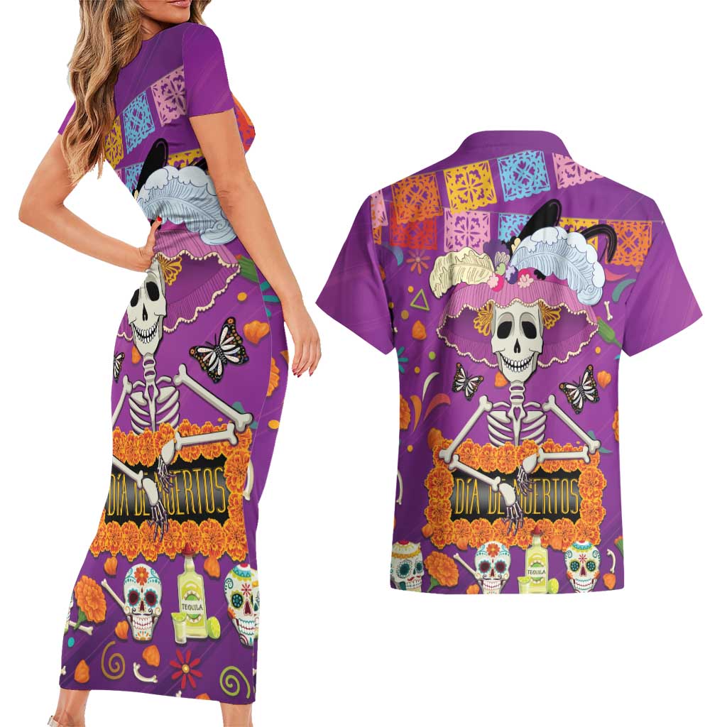 Dia De Muertos Mexico Couples Matching Short Sleeve Bodycon Dress and Hawaiian Shirt La Calavera Catrina - Wonder Print Shop
