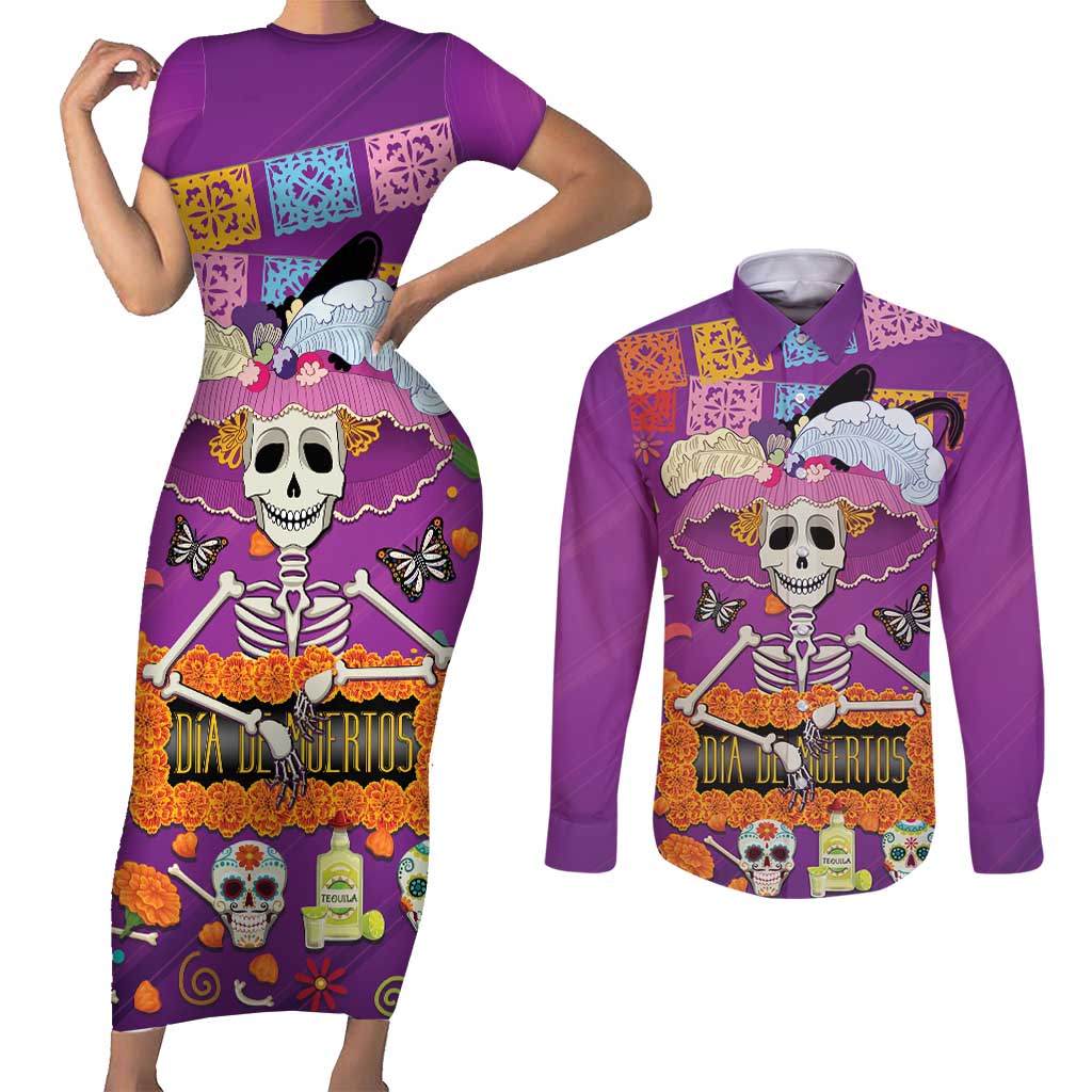 Dia De Muertos Mexico Couples Matching Short Sleeve Bodycon Dress and Long Sleeve Button Shirt La Calavera Catrina - Wonder Print Shop