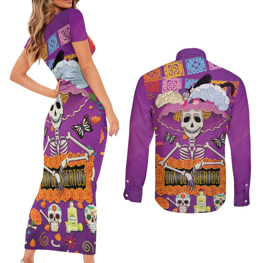 Dia De Muertos Mexico Couples Matching Short Sleeve Bodycon Dress and Long Sleeve Button Shirt La Calavera Catrina - Wonder Print Shop