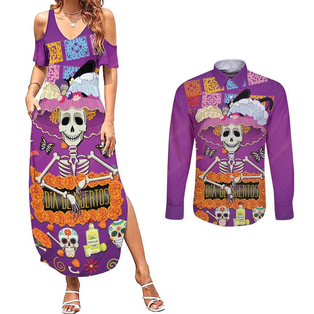 Dia De Muertos Mexico Couples Matching Summer Maxi Dress and Long Sleeve Button Shirt La Calavera Catrina - Wonder Print Shop