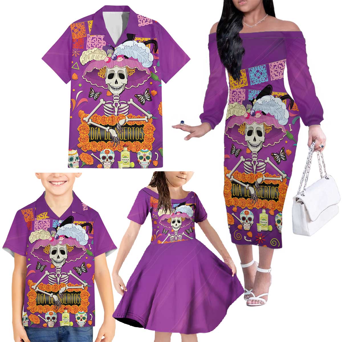 Dia De Muertos Mexico Family Matching Off The Shoulder Long Sleeve Dress and Hawaiian Shirt La Calavera Catrina - Wonder Print Shop