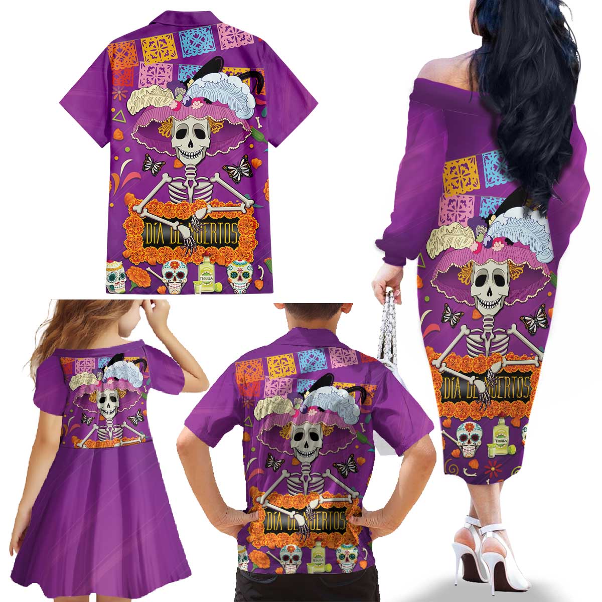 Dia De Muertos Mexico Family Matching Off The Shoulder Long Sleeve Dress and Hawaiian Shirt La Calavera Catrina - Wonder Print Shop