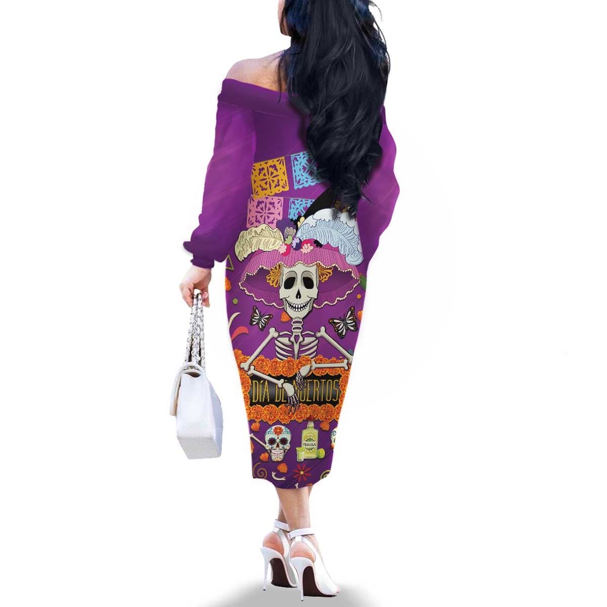 Dia De Muertos Mexico Family Matching Off The Shoulder Long Sleeve Dress and Hawaiian Shirt La Calavera Catrina - Wonder Print Shop