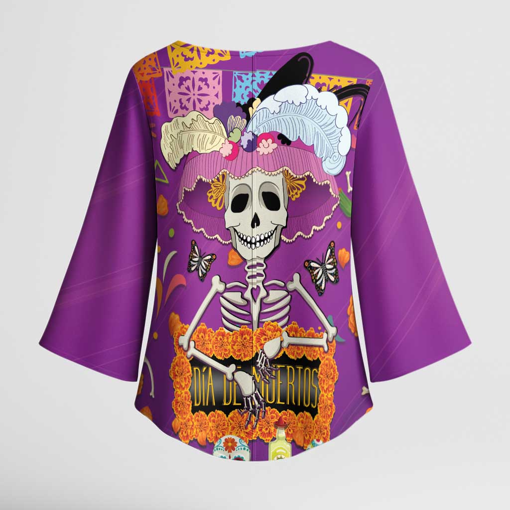 Dia De Muertos Mexico Kimono Sleeve Blouse La Calavera Catrina - Wonder Print Shop