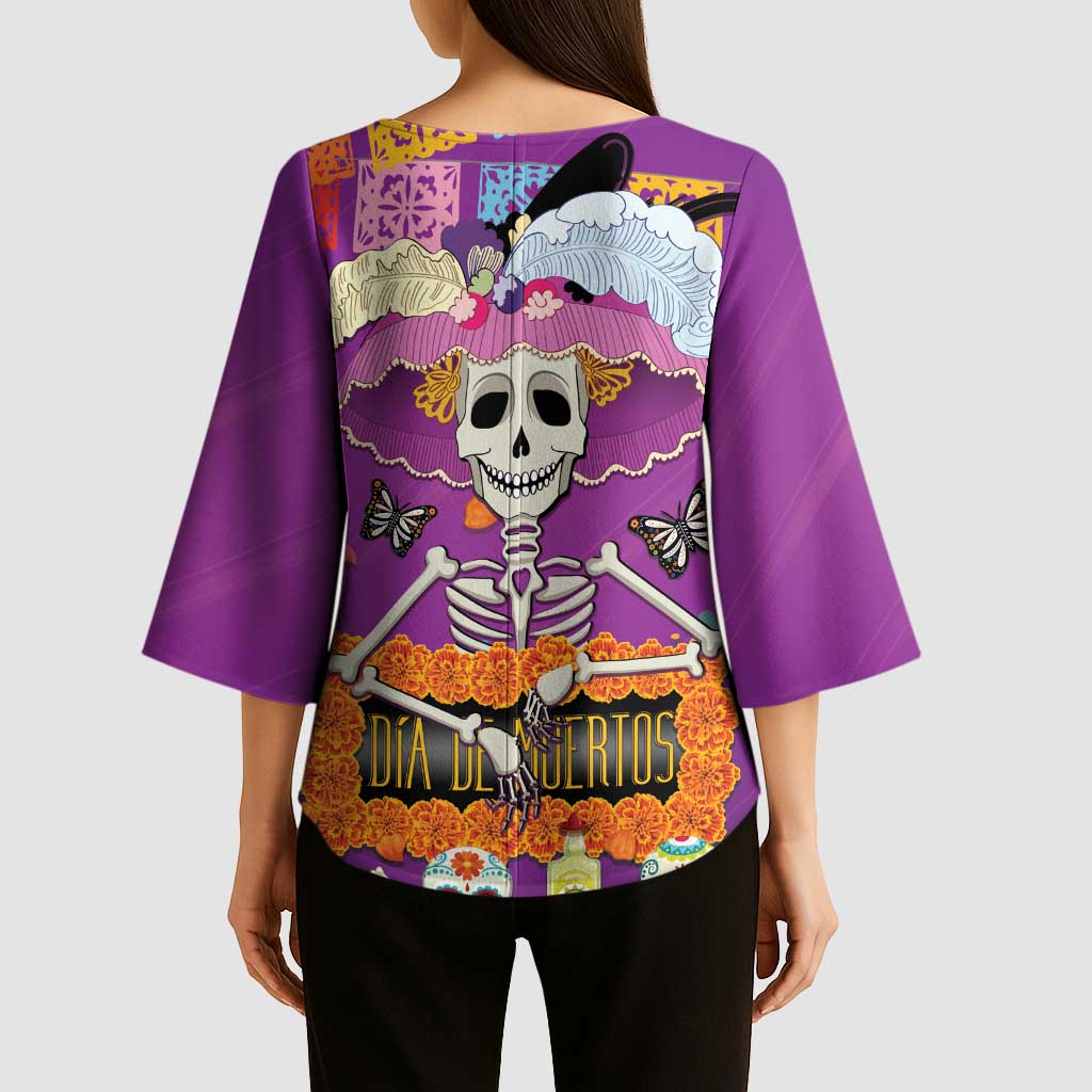 Dia De Muertos Mexico Kimono Sleeve Blouse La Calavera Catrina - Wonder Print Shop