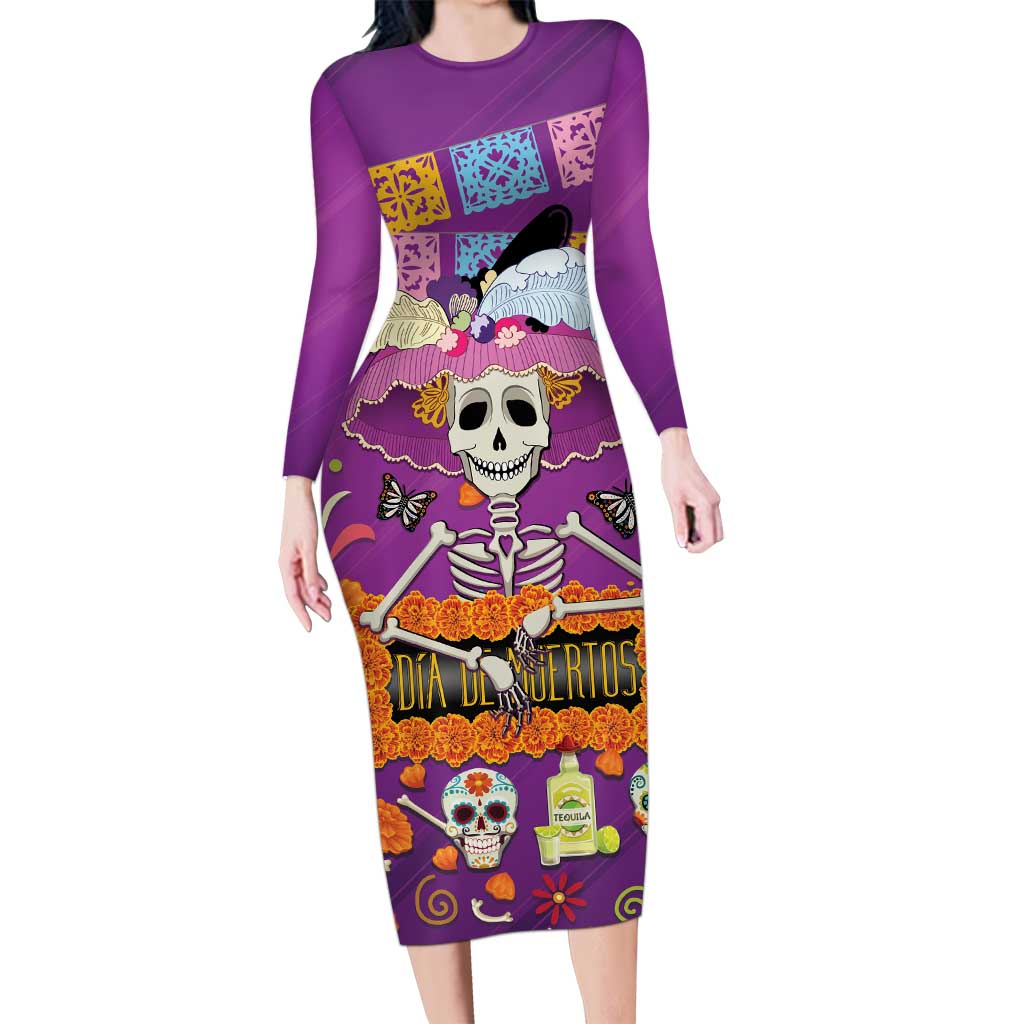 Dia De Muertos Mexico Long Sleeve Bodycon Dress La Calavera Catrina - Wonder Print Shop