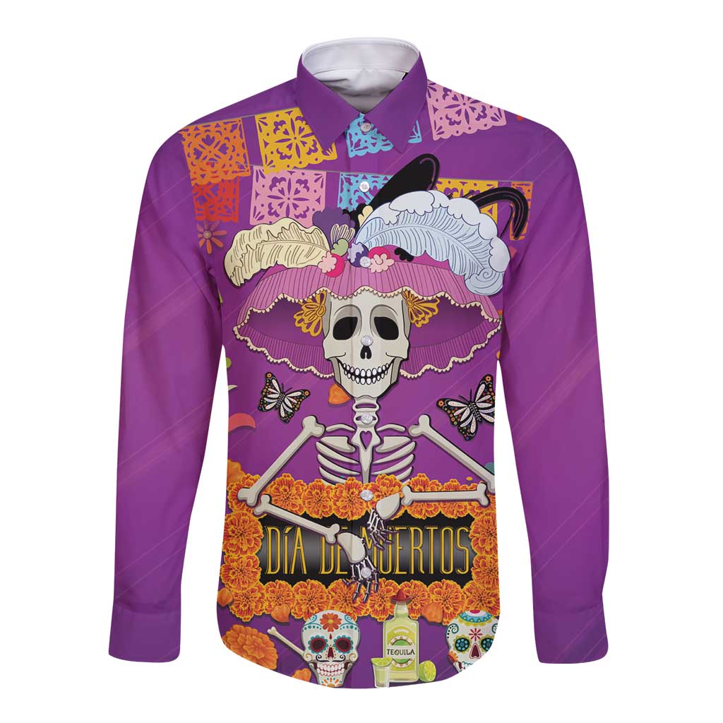 Dia De Muertos Mexico Long Sleeve Button Shirt La Calavera Catrina - Wonder Print Shop