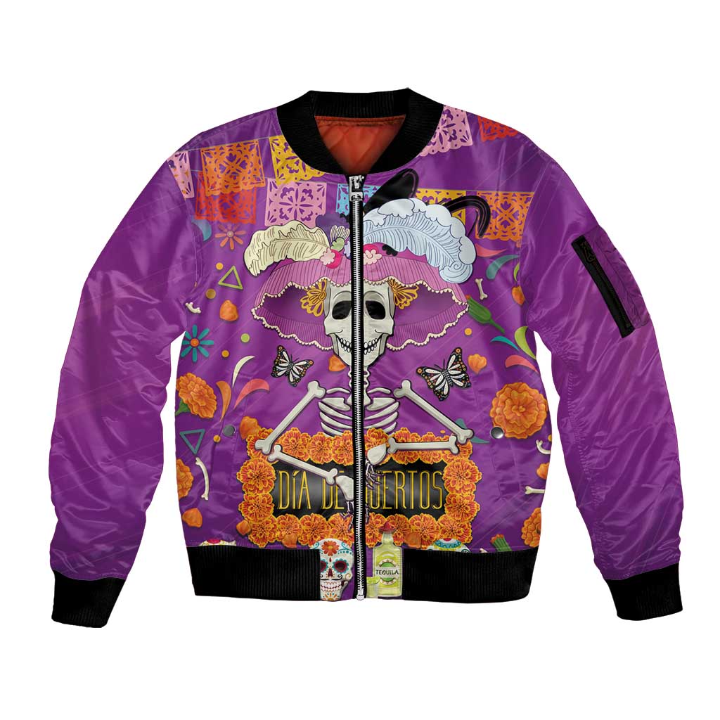 Dia De Muertos Mexico Sleeve Zip Bomber Jacket La Calavera Catrina - Wonder Print Shop