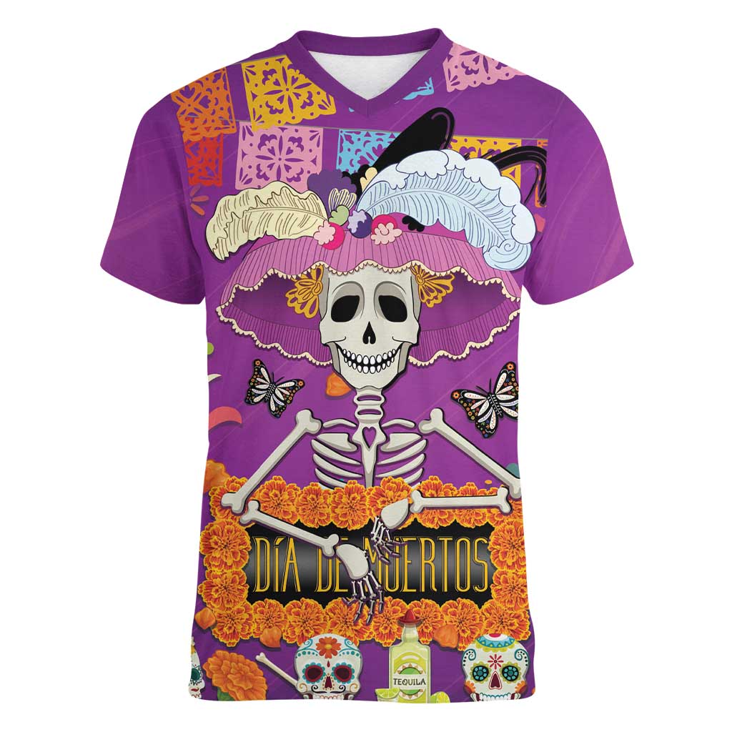 Dia De Muertos Mexico Women V-Neck T-Shirt La Calavera Catrina - Wonder Print Shop
