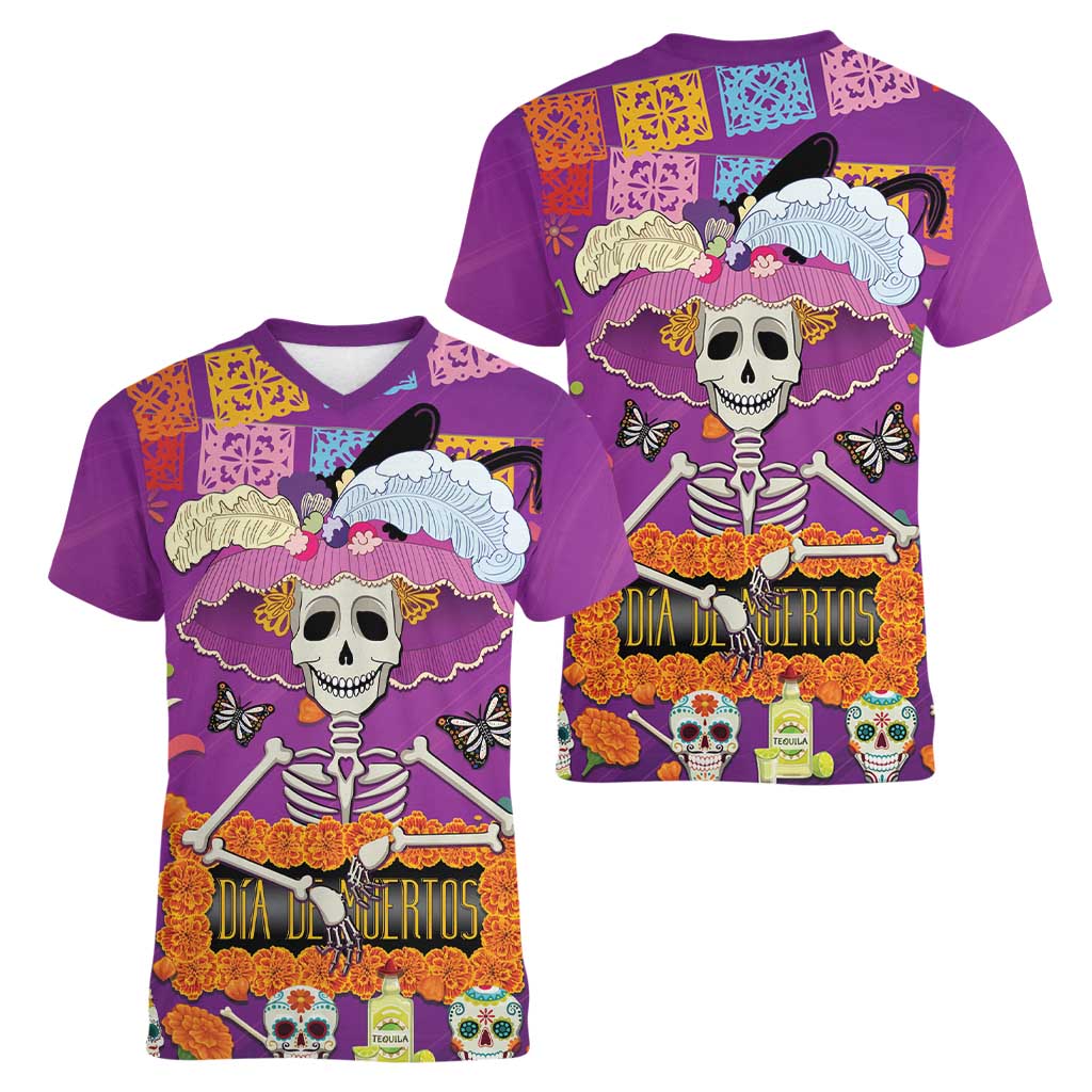 Dia De Muertos Mexico Women V-Neck T-Shirt La Calavera Catrina - Wonder Print Shop