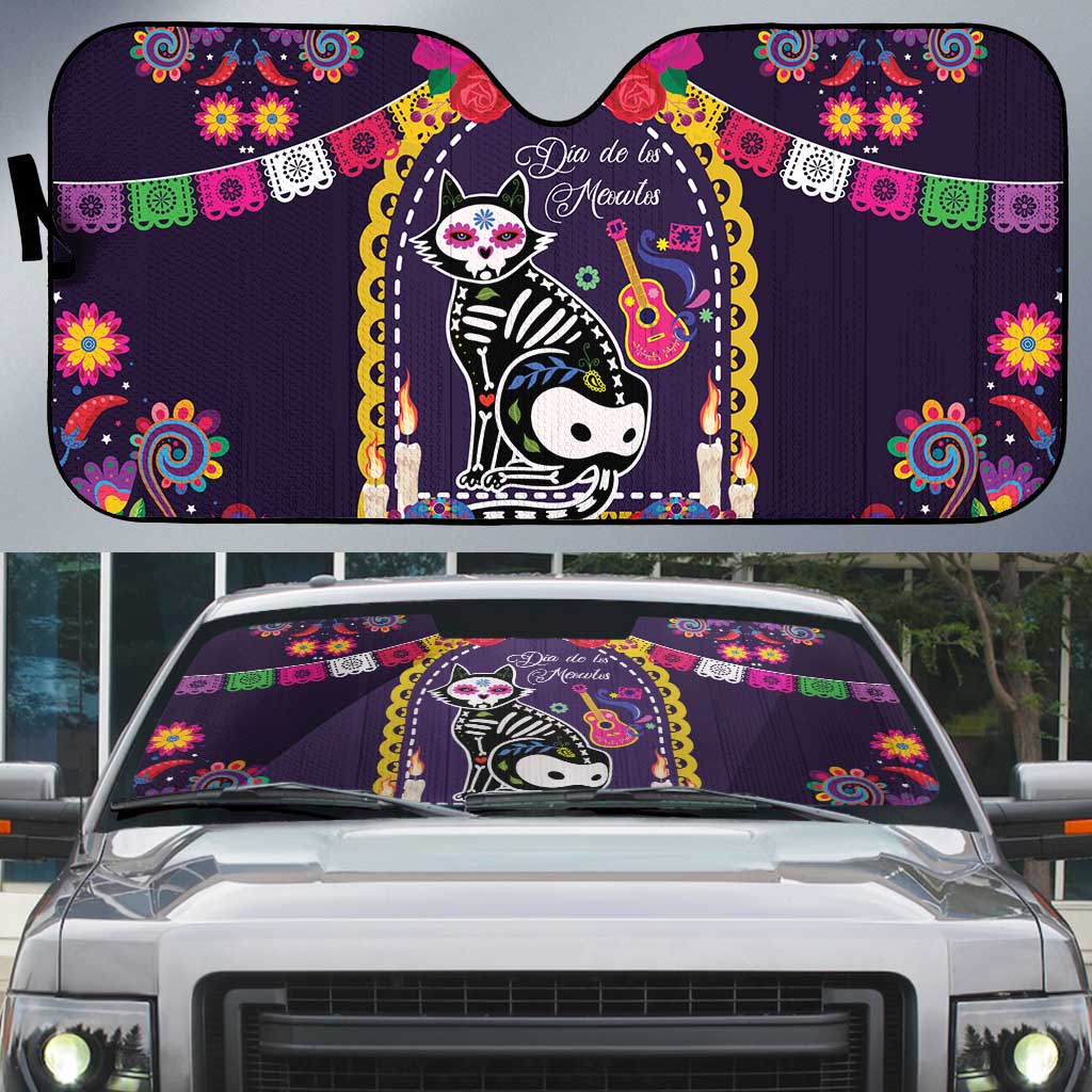 Mexico Day Of The Dead Auto Sun Shade Cat Skeleton Dia De Los Meowtos - Wonder Print Shop
