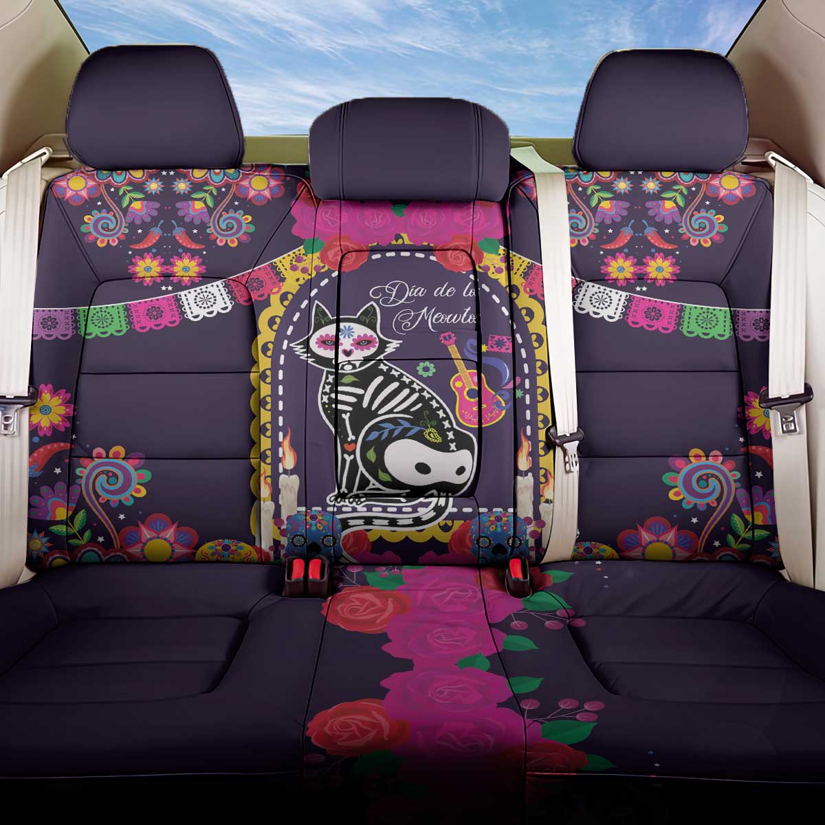 Mexico Day Of The Dead Back Car Seat Cover Cat Skeleton Dia De Los Meowtos - Wonder Print Shop