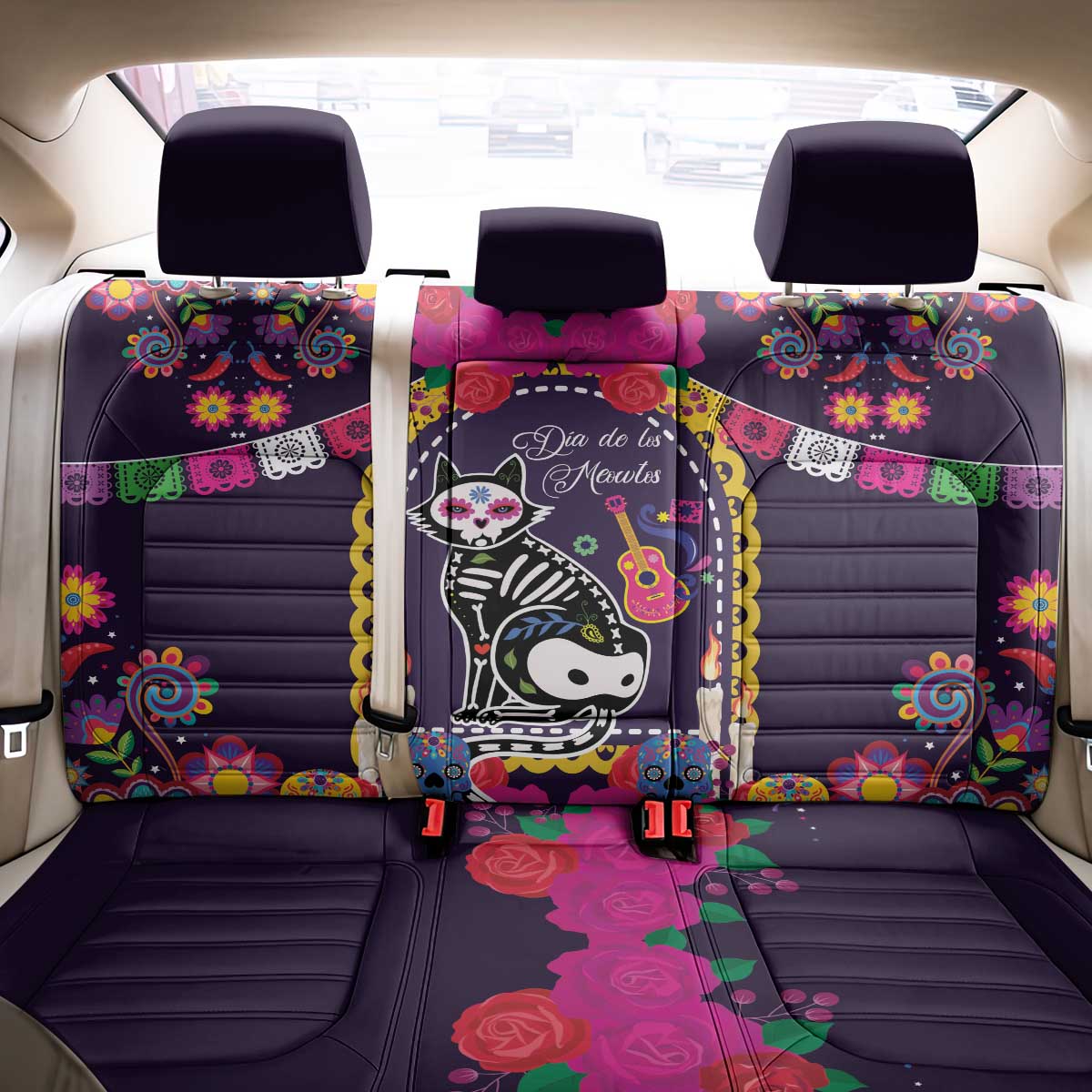 Mexico Day Of The Dead Back Car Seat Cover Cat Skeleton Dia De Los Meowtos - Wonder Print Shop