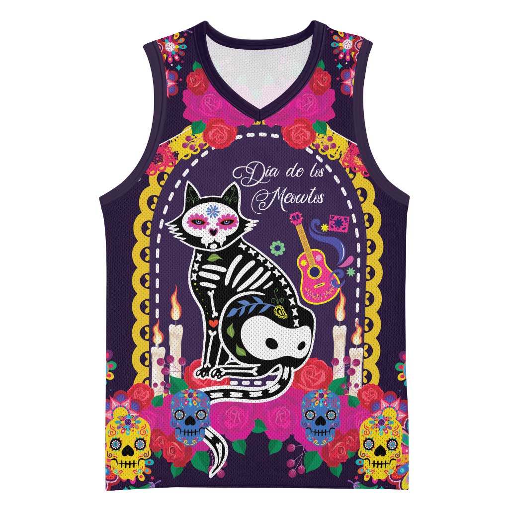 Mexico Day Of The Dead Basketball Jersey Cat Skeleton Dia De Los Meowtos - Wonder Print Shop