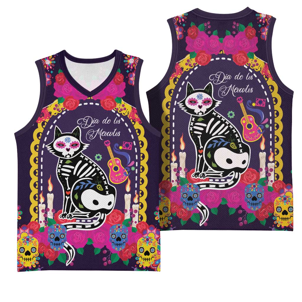Mexico Day Of The Dead Basketball Jersey Cat Skeleton Dia De Los Meowtos - Wonder Print Shop
