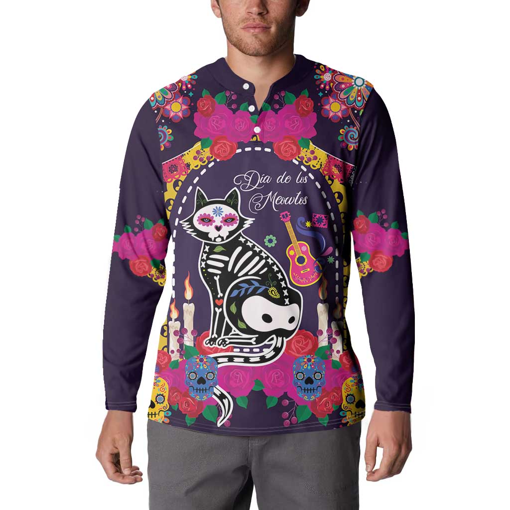 Mexico Day Of The Dead Button Sweatshirt Cat Skeleton Dia De Los Meowtos - Wonder Print Shop