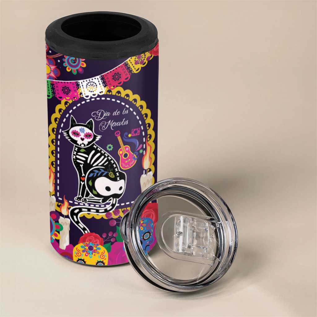 Mexico Day Of The Dead 4 in 1 Can Cooler Tumbler Cat Skeleton Dia De Los Meowtos - Wonder Print Shop