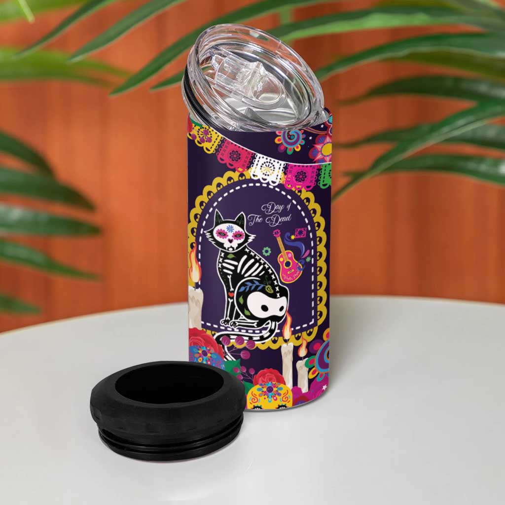 Mexico Day Of The Dead 4 in 1 Can Cooler Tumbler Cat Skeleton Dia De Los Meowtos - Wonder Print Shop