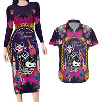 Mexico Day Of The Dead Couples Matching Long Sleeve Bodycon Dress and Hawaiian Shirt Cat Skeleton Dia De Los Meowtos - Wonder Print Shop