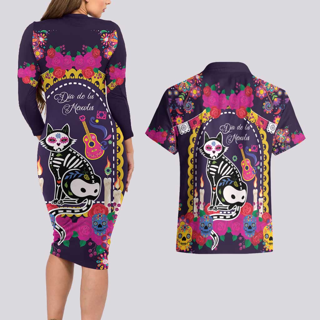 Mexico Day Of The Dead Couples Matching Long Sleeve Bodycon Dress and Hawaiian Shirt Cat Skeleton Dia De Los Meowtos - Wonder Print Shop