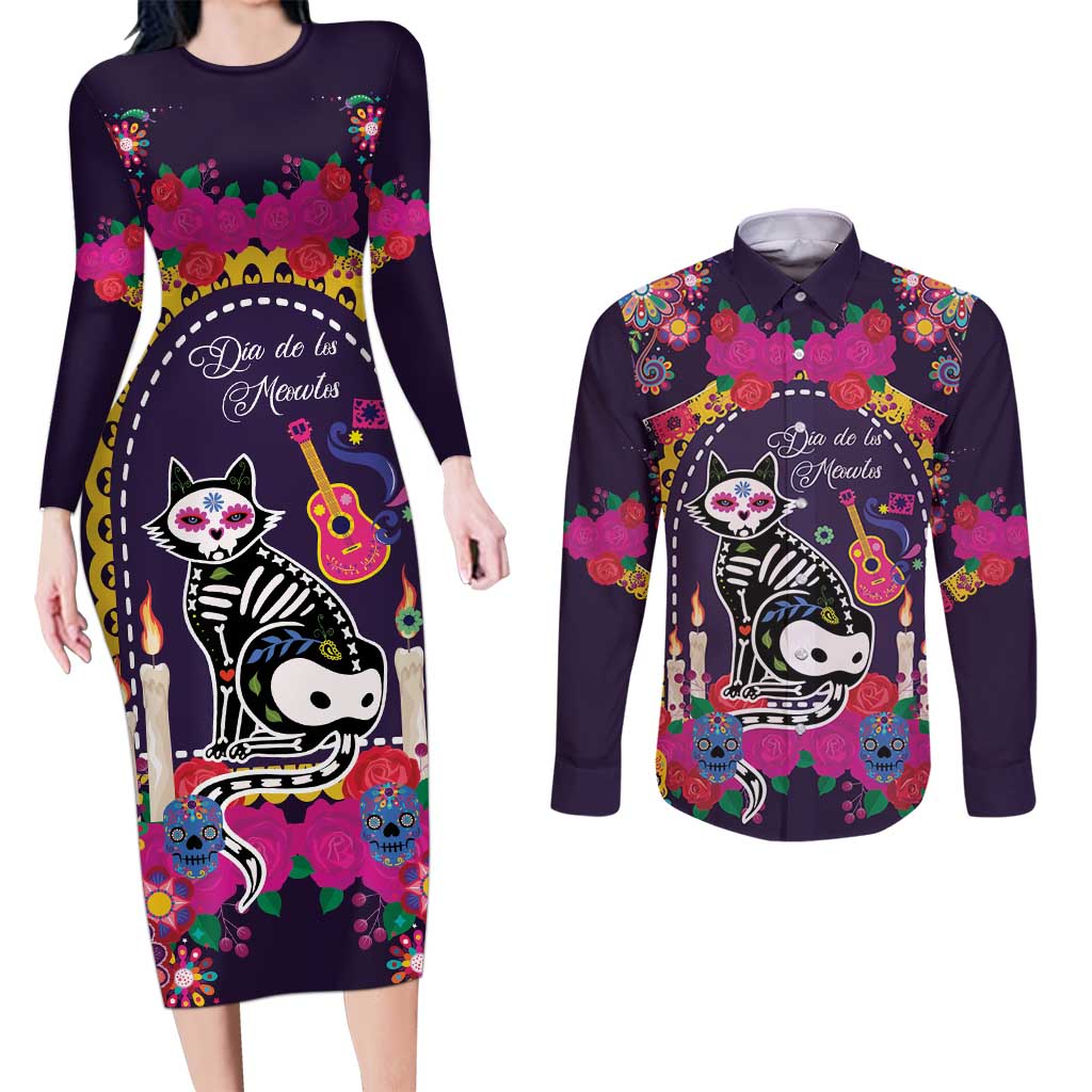 Mexico Day Of The Dead Couples Matching Long Sleeve Bodycon Dress and Long Sleeve Button Shirt Cat Skeleton Dia De Los Meowtos - Wonder Print Shop