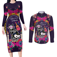 Mexico Day Of The Dead Couples Matching Long Sleeve Bodycon Dress and Long Sleeve Button Shirt Cat Skeleton Dia De Los Meowtos - Wonder Print Shop