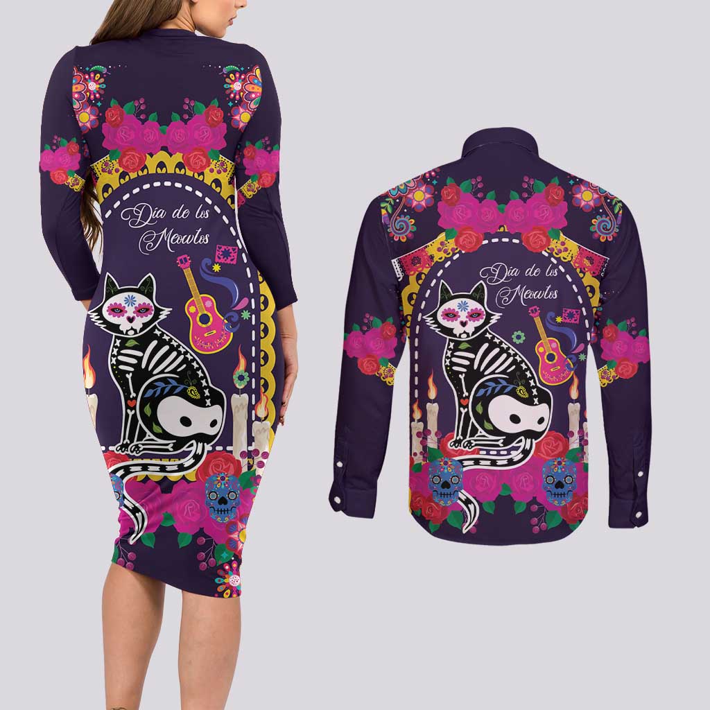 Mexico Day Of The Dead Couples Matching Long Sleeve Bodycon Dress and Long Sleeve Button Shirt Cat Skeleton Dia De Los Meowtos - Wonder Print Shop