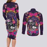 Mexico Day Of The Dead Couples Matching Long Sleeve Bodycon Dress and Long Sleeve Button Shirt Cat Skeleton Dia De Los Meowtos - Wonder Print Shop