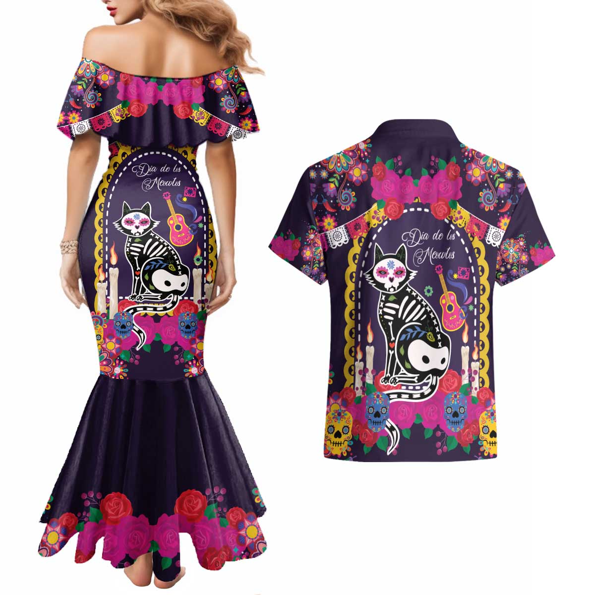 Mexico Day Of The Dead Couples Matching Mermaid Dress and Hawaiian Shirt Cat Skeleton Dia De Los Meowtos - Wonder Print Shop