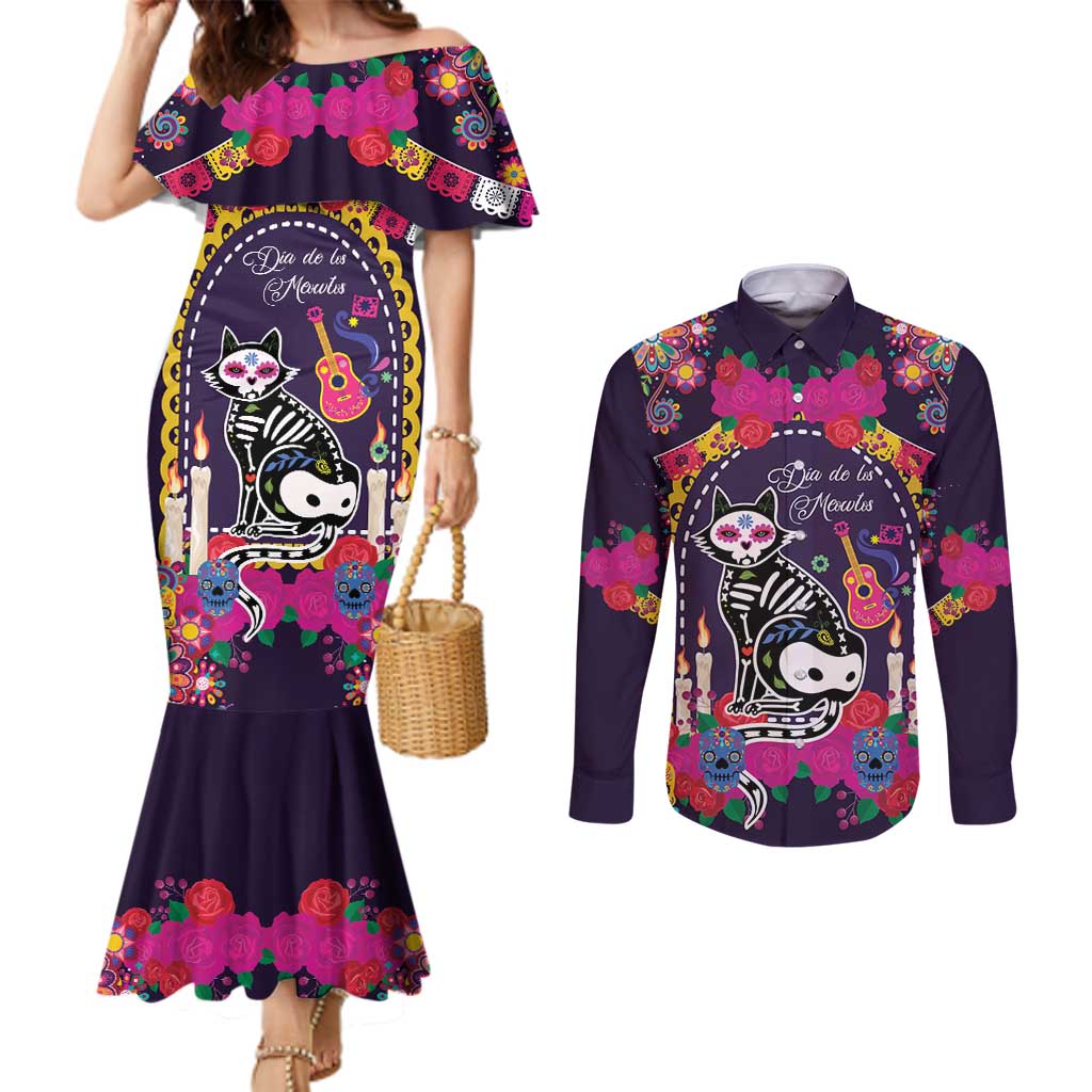 Mexico Day Of The Dead Couples Matching Mermaid Dress and Long Sleeve Button Shirt Cat Skeleton Dia De Los Meowtos - Wonder Print Shop