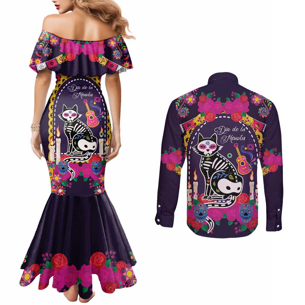 Mexico Day Of The Dead Couples Matching Mermaid Dress and Long Sleeve Button Shirt Cat Skeleton Dia De Los Meowtos - Wonder Print Shop
