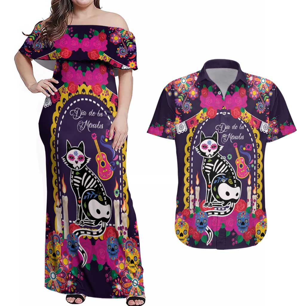 Mexico Day Of The Dead Couples Matching Off Shoulder Maxi Dress and Hawaiian Shirt Cat Skeleton Dia De Los Meowtos - Wonder Print Shop