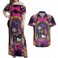 Mexico Day Of The Dead Couples Matching Off Shoulder Maxi Dress and Hawaiian Shirt Cat Skeleton Dia De Los Meowtos - Wonder Print Shop